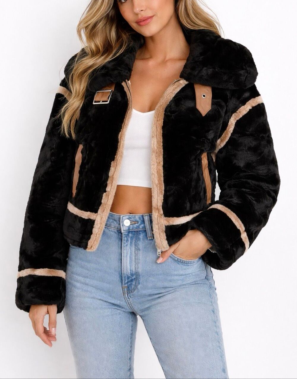 Faux Shearling Aviator Jacket Black Tan Cropped Faux Fur Moto Coat Size S